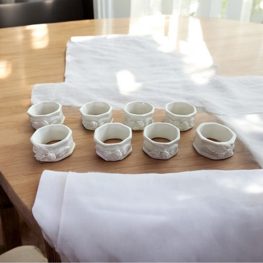 set of  8 Shafford bone china White napkin Octagon rings Rose Pattern